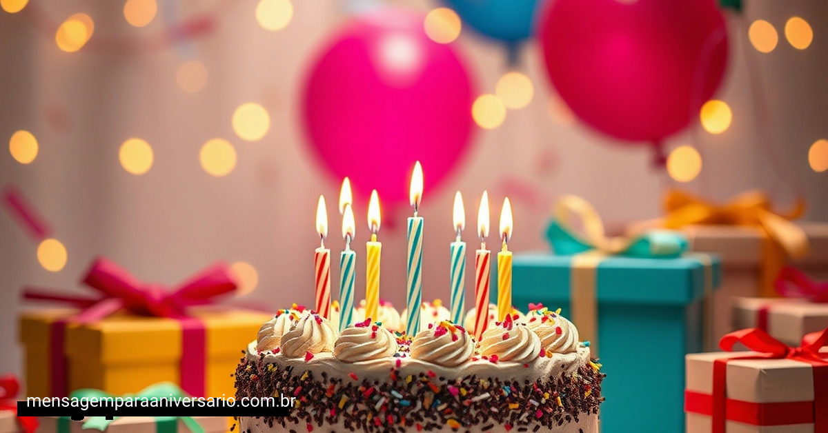 Uma cena festiva de aniversário com presentes, confetes e velas acesas.