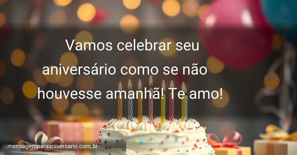 Cena festiva de aniversário com bolo, velas, balões, confetes e presentes.