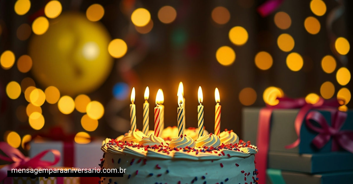 Cena festiva de aniversário com bolo, velas, balões, confete e luzes bokeh.