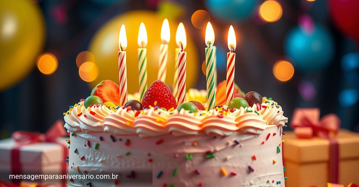 bolo de aniversário colorido decorado com cobertura, frutas e confeitos, luzes bokeh quentes.
