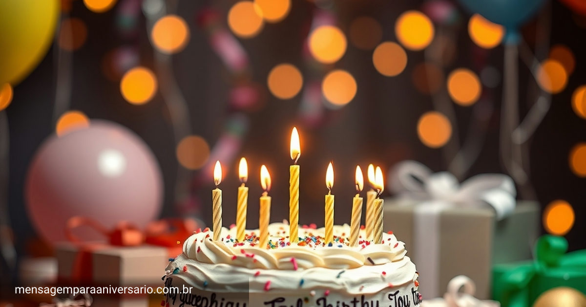 Cena festiva com bolo, velas brilhantes, balões coloridos, confetes e luzes desfocadas.