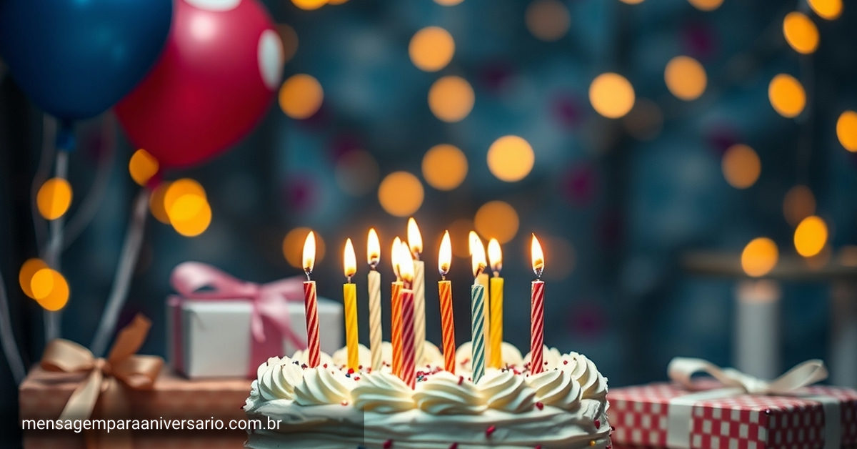 Um bolo decorado com velas, balões coloridos, confete e presentes em um fundo iluminado.