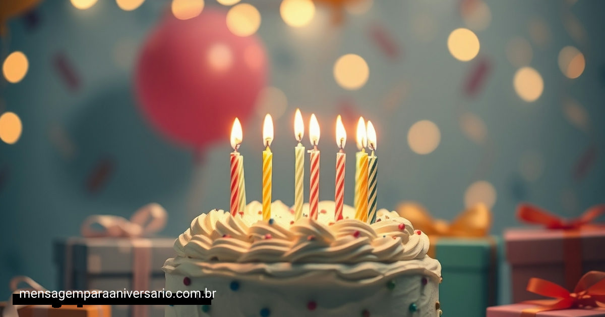 Cena festiva de aniversário com bolo, velas, balões e confete.