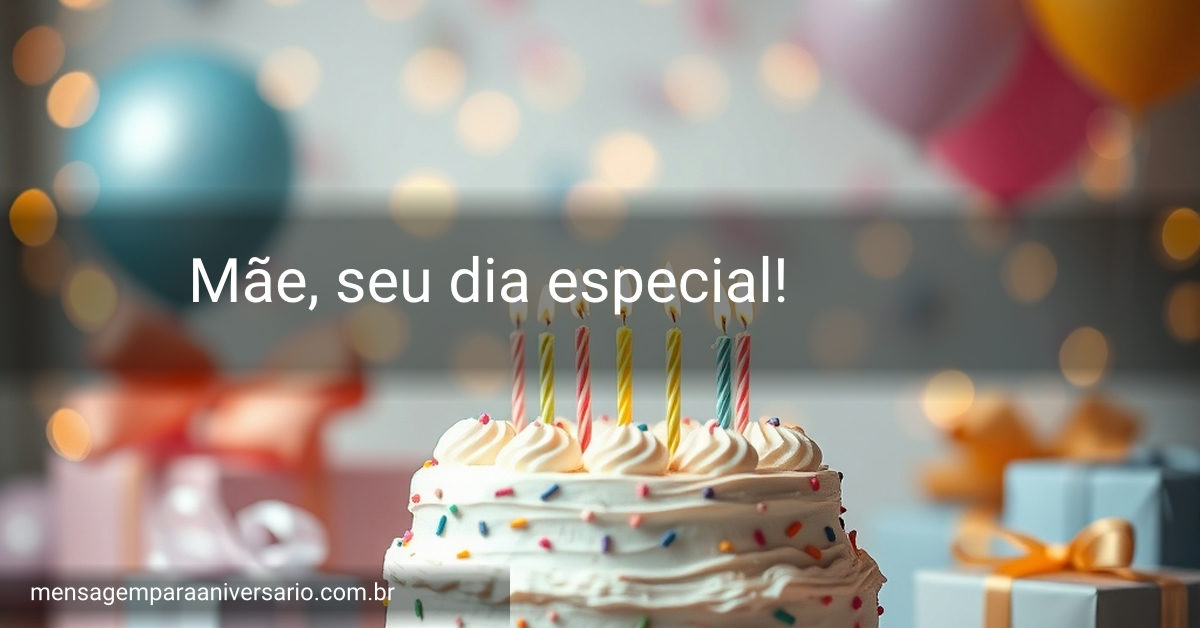 Ambiente festivo com bolo, velas e uma variedade de balões.