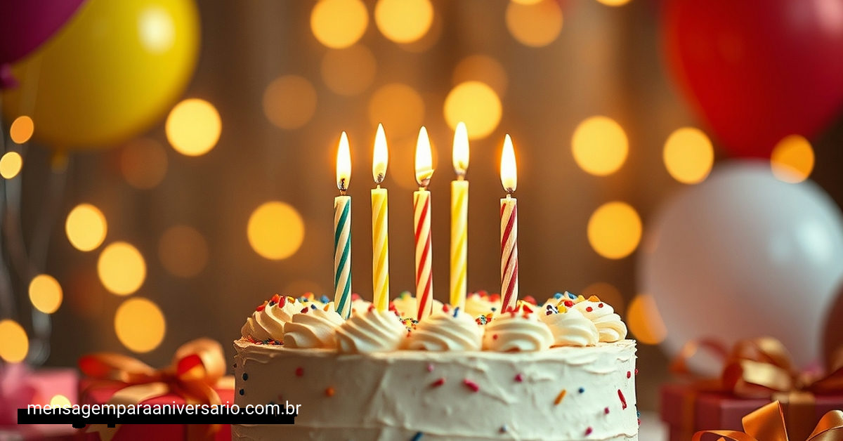 Cena festiva de aniversário com bolo, velas, balões coloridos, confete e luzes desfocadas.