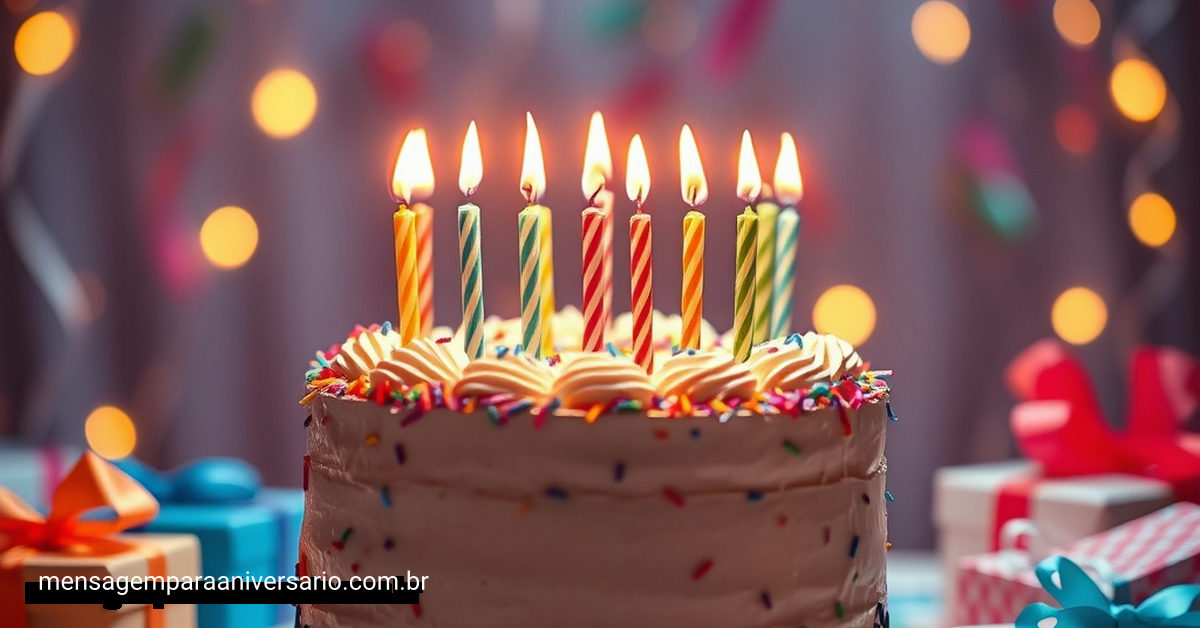 Uma cena festiva de aniversário com bolo, velas coloridas, balões e confete.