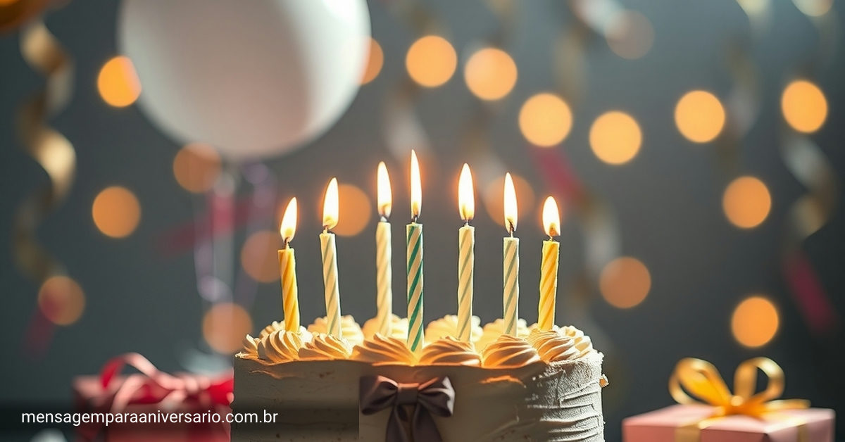 Cena festiva de aniversário com bolo, velas, balões, confete e luzes bokeh.