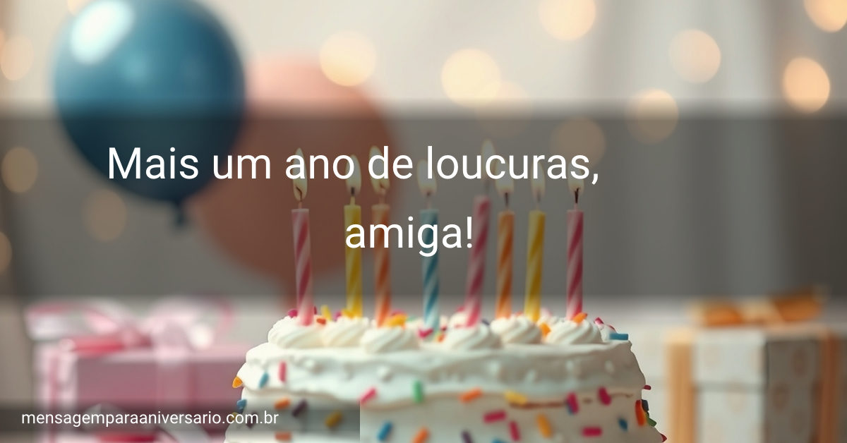 Cena colorida de aniversário com bolo, velas, balões, confete e presentes.