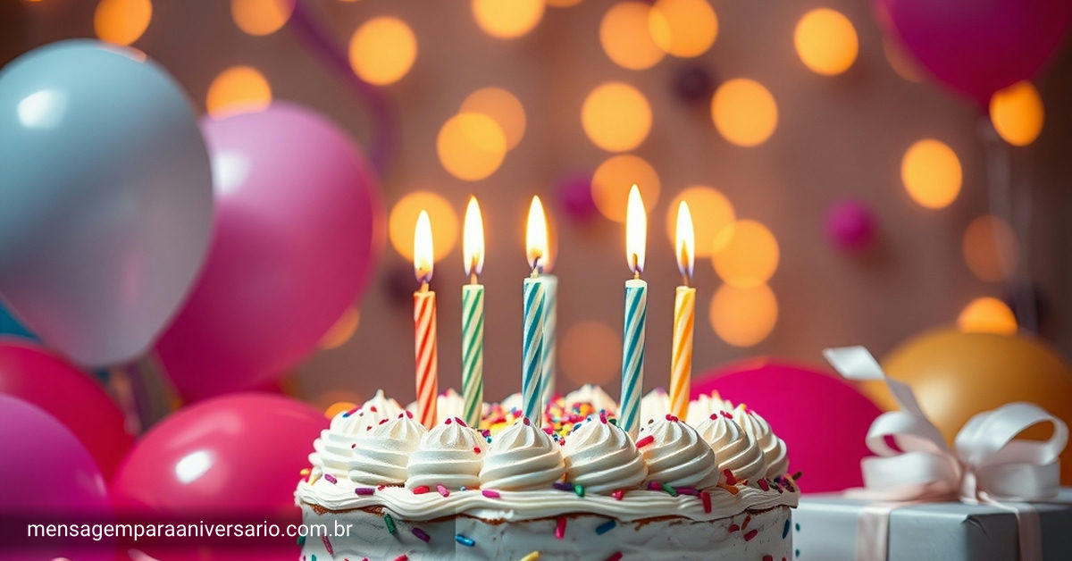 Cenário de aniversário festivo com bolo, velas, balões coloridos, confete, presentes e luzes bokeh.
