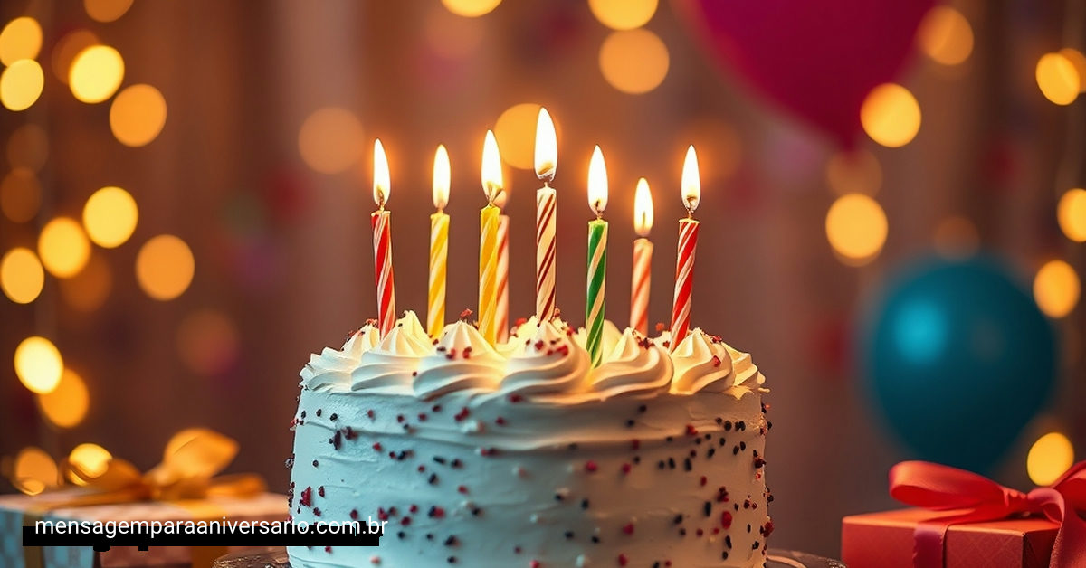Cena festiva de aniversário com bolo, velas, balões coloridos e presentes.