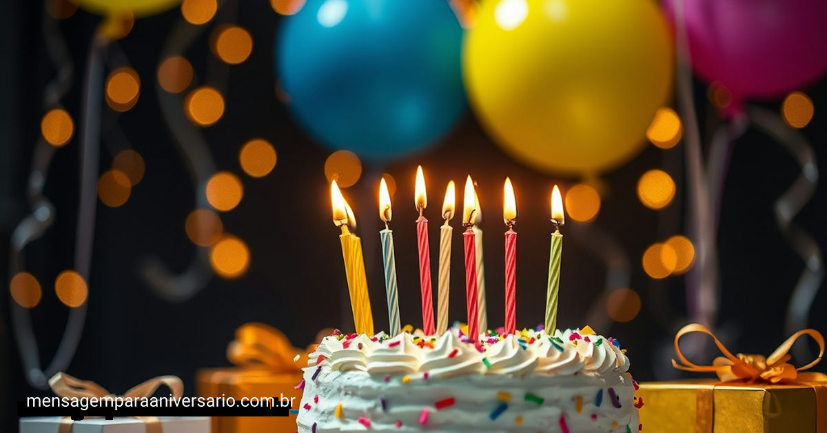 Cena festiva de aniversário com confetes, presentes e balões flutuantes.
