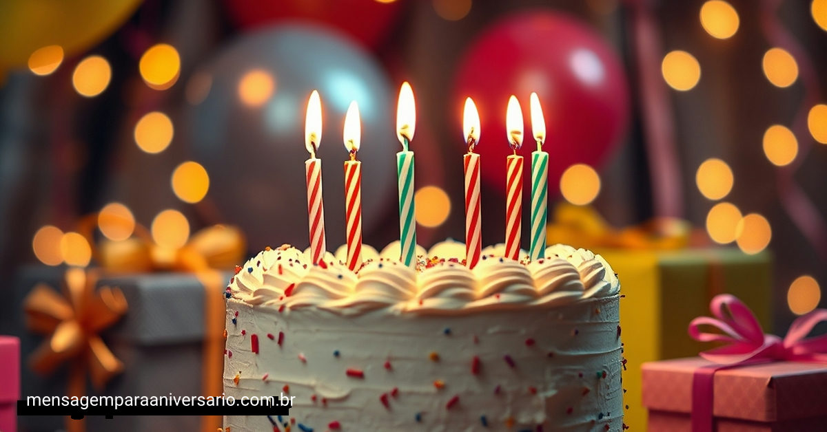 Cena festiva de aniversário com bolo decorado, velas acesas, balões coloridos, confete e luzes bokeh.