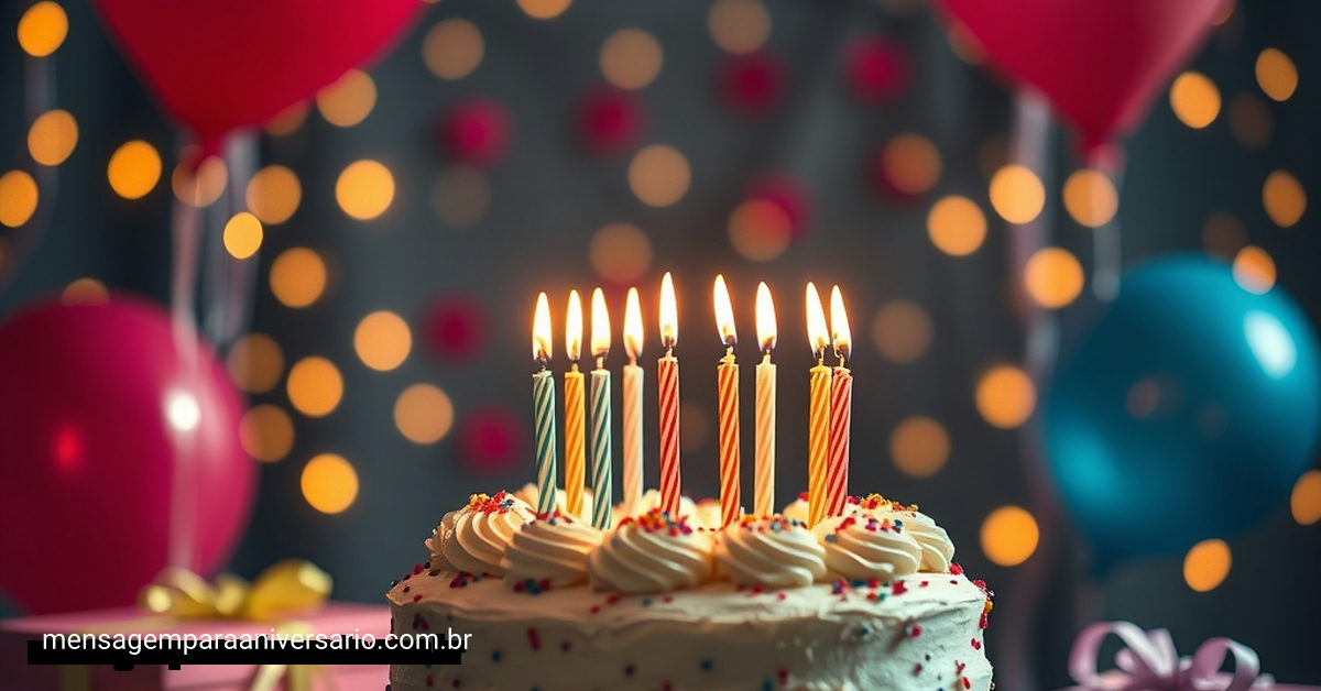 Cena festiva de aniversário com um bolo bonito, velas acesas, balões coloridos, confete e luzes bokeh.