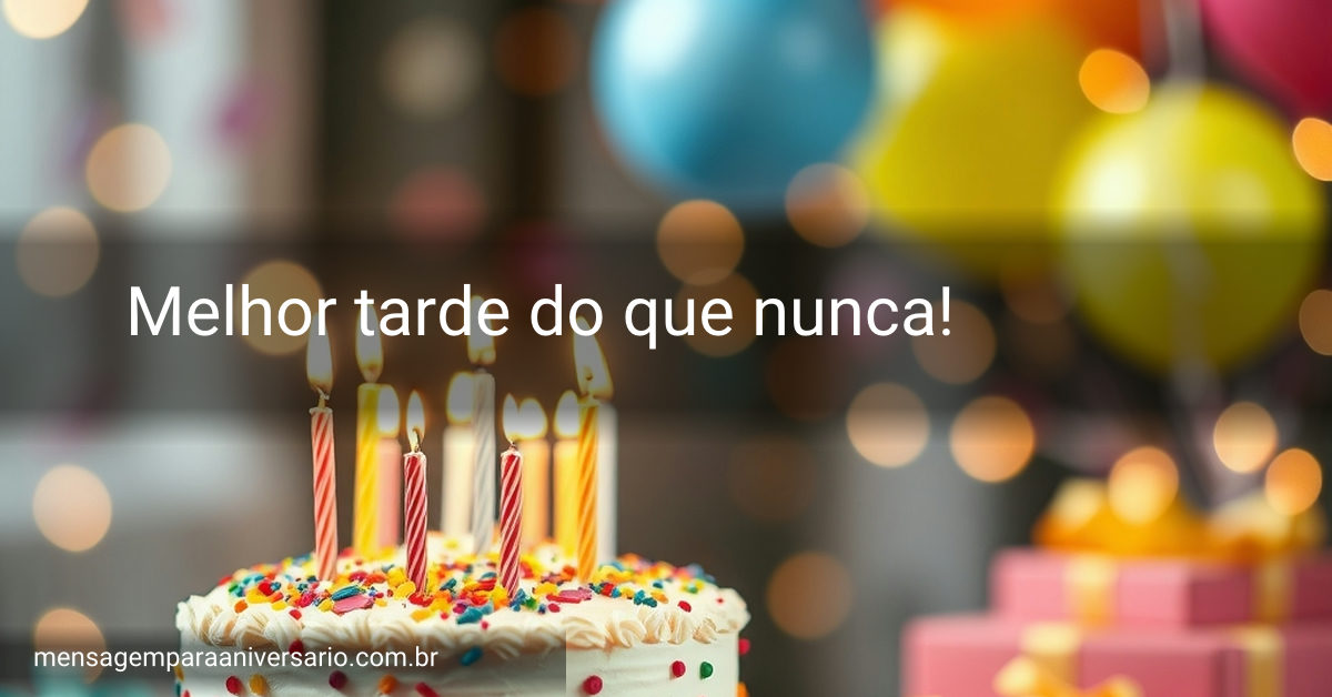 Cena festiva de aniversário com bolo colorido, velas iluminadas, balões variados e confete ao fundo.