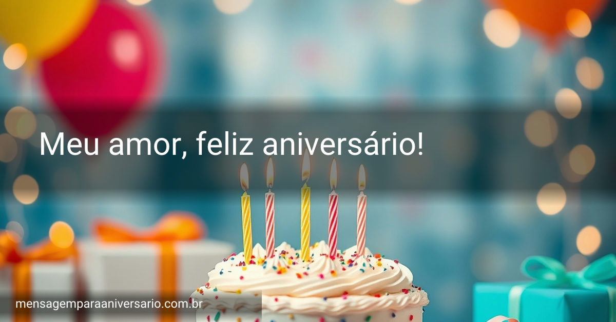 Uma cena festiva de aniversário com um bolo, velas acesas, balões coloridos, confete espalhado e presentes decorativos.