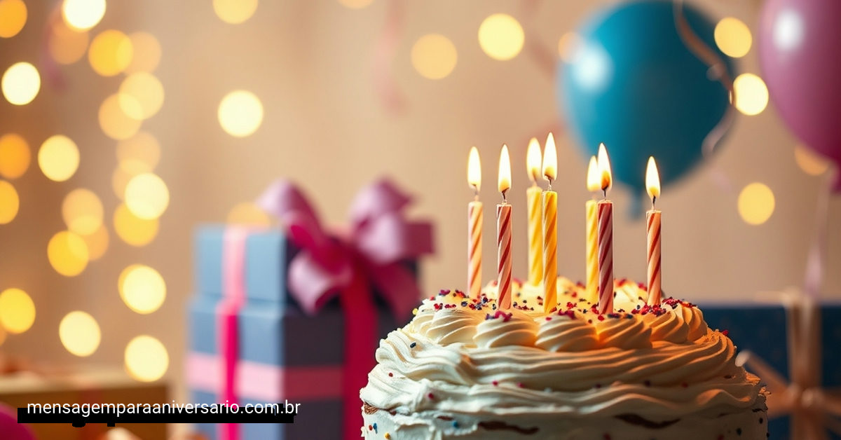 Cena festiva de aniversário com bolo, velas, balões, confete e luzes desfocadas.