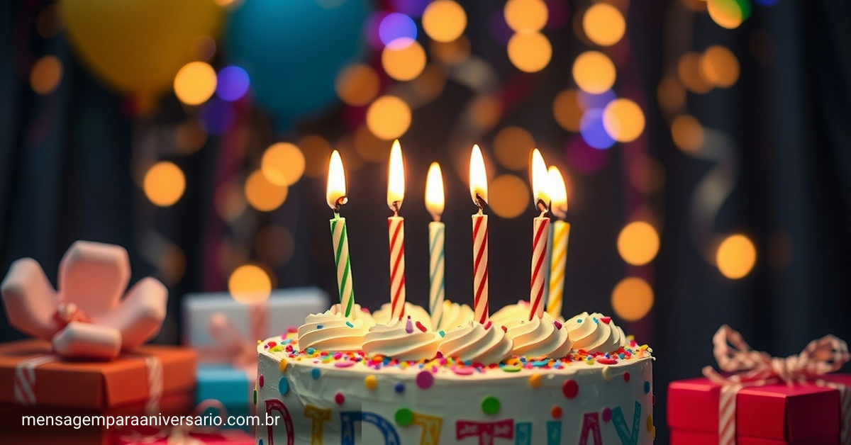 Cena festiva de aniversário com um bolo colorido, velas, balões, confete e luzes bokeh.