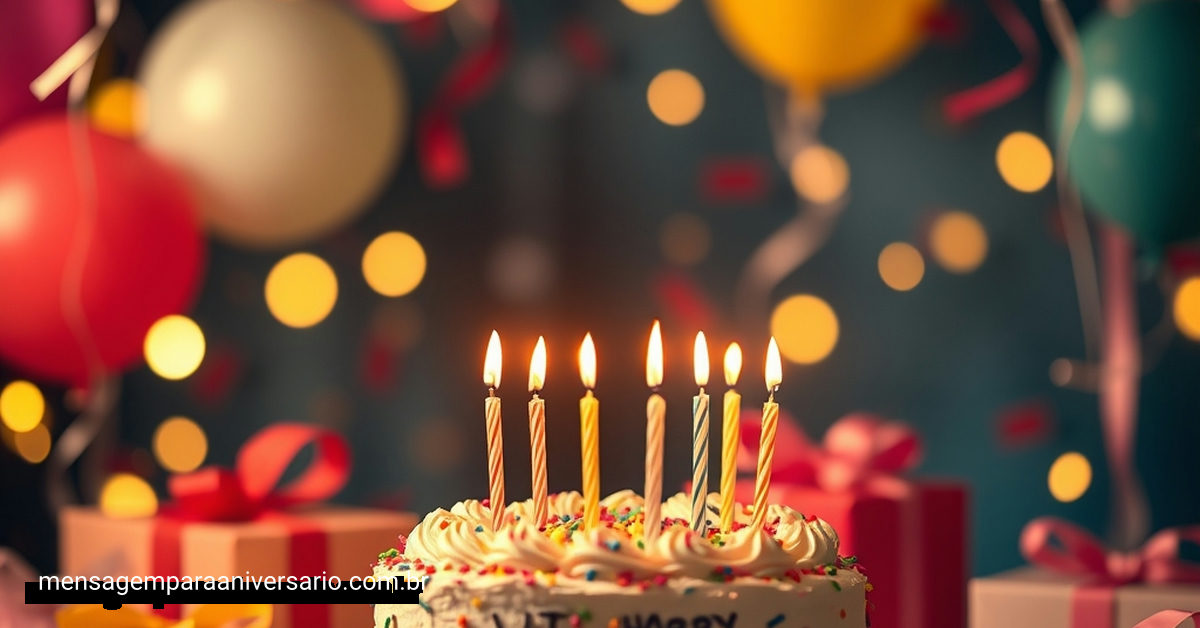 Uma cena vibrante de aniversário repleta de balões, bolo com velas, confete e luzes bokeh.