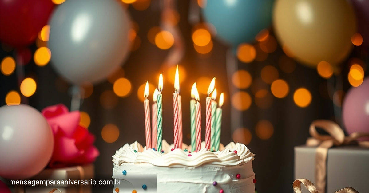 Uma cena festiva de aniversário com bolo, velas acesas, balões coloridos, confetes e presentes decorativos.