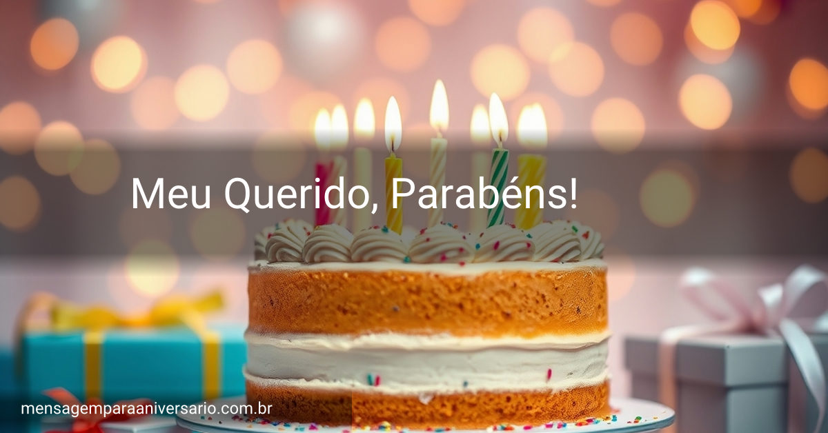 Cena festiva de aniversário com bolo decorado, velas acesas, balões coloridos, confete e luzes bokeh ao fundo.