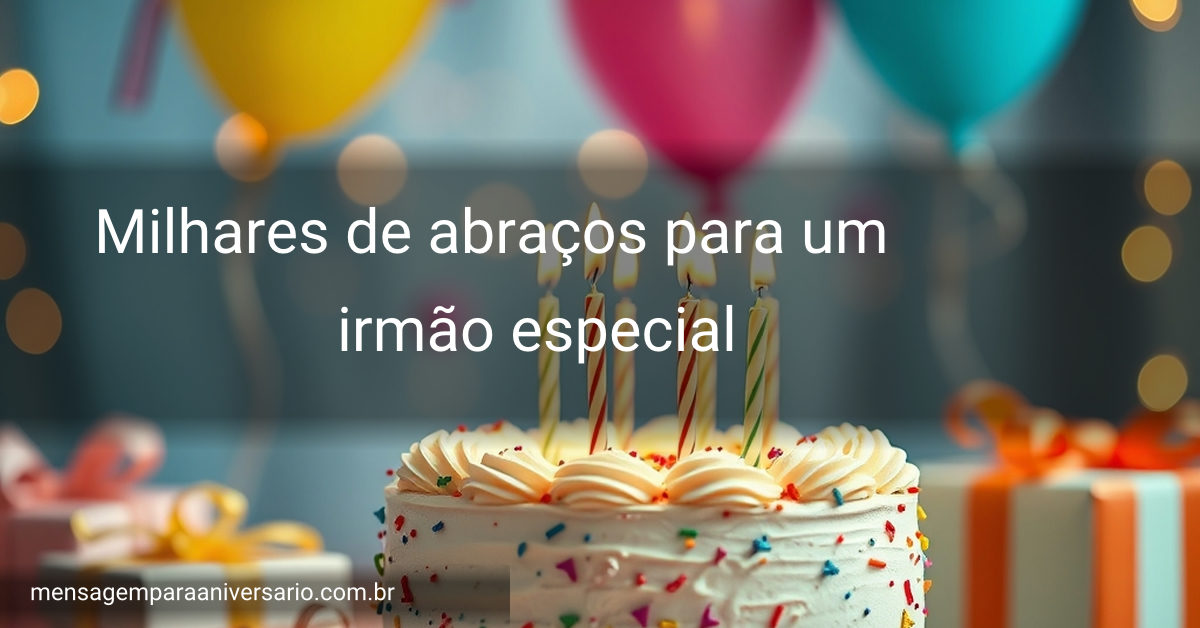 Cena festiva de aniversário com bolo colorido, velas acesas, balões variados, confetes ao redor e presentes empilhados.