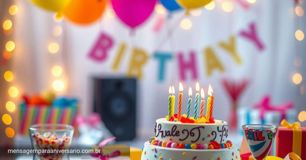 decoração festiva de aniversário com jogos, balões coloridos e mesa decorada com petiscos e bebidas.