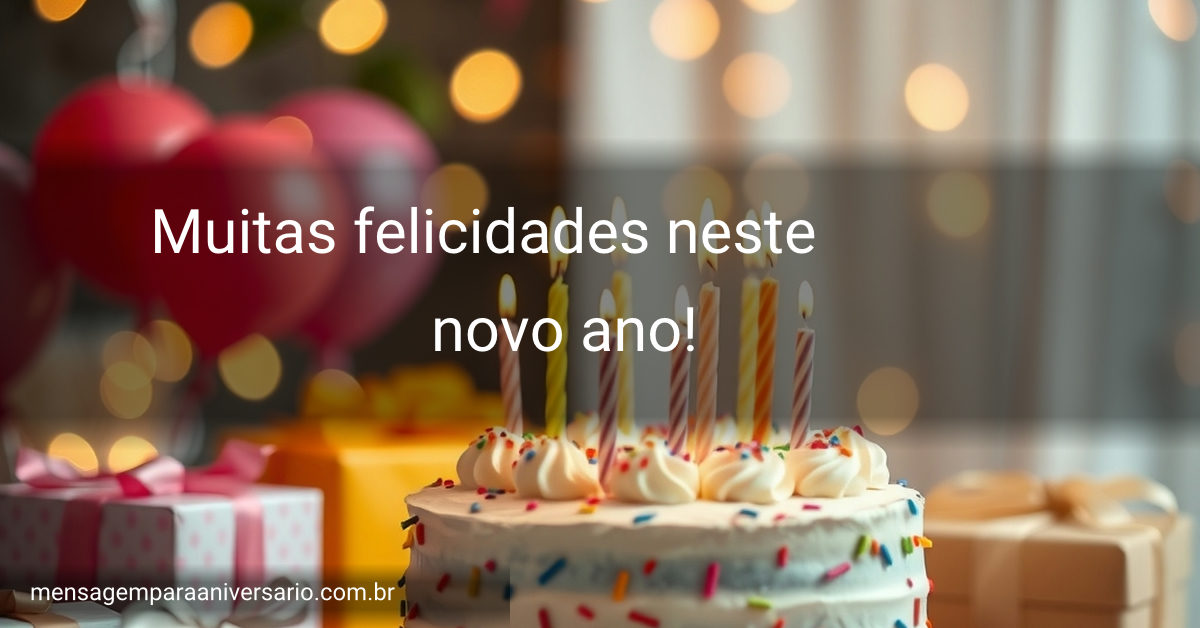 Cena festiva de aniversário com bolo, velas, balões, confete e presentes.