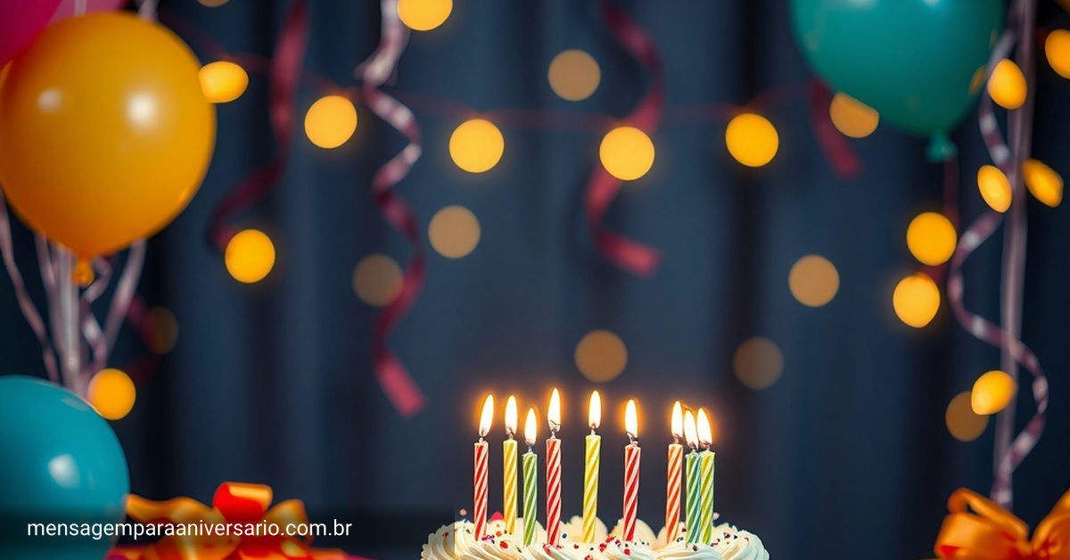 cenário festivo de aniversário com balões coloridos, bolo, confete e mesa decorada.