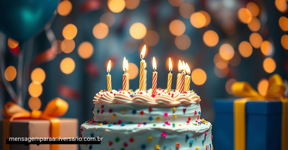 Cena festiva de aniversário com bolo, velas, balões, confete e presentes.