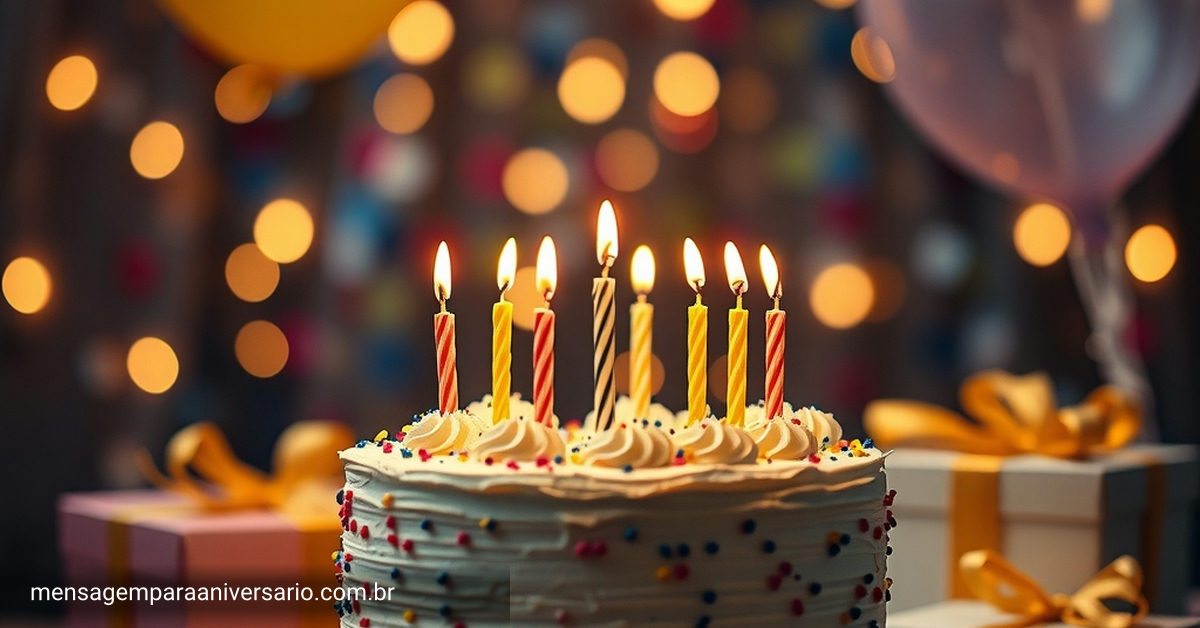 Uma decoração de festa de aniversário com um lindo bolo, velas brilhando, balões e um toque de confete, criando uma atmosfera vibrante.