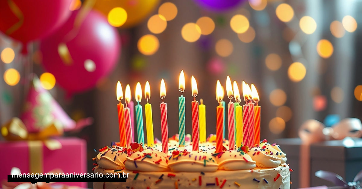 Cena alegre de aniversário com velas coloridas, um bolo requintado, confete e luzes brilhantes.