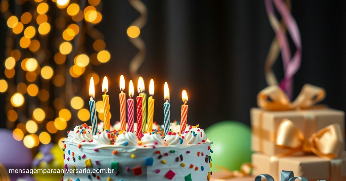 Cena festiva de aniversário com um bolo colorido, velas acesas, balões e confetes espalhados.