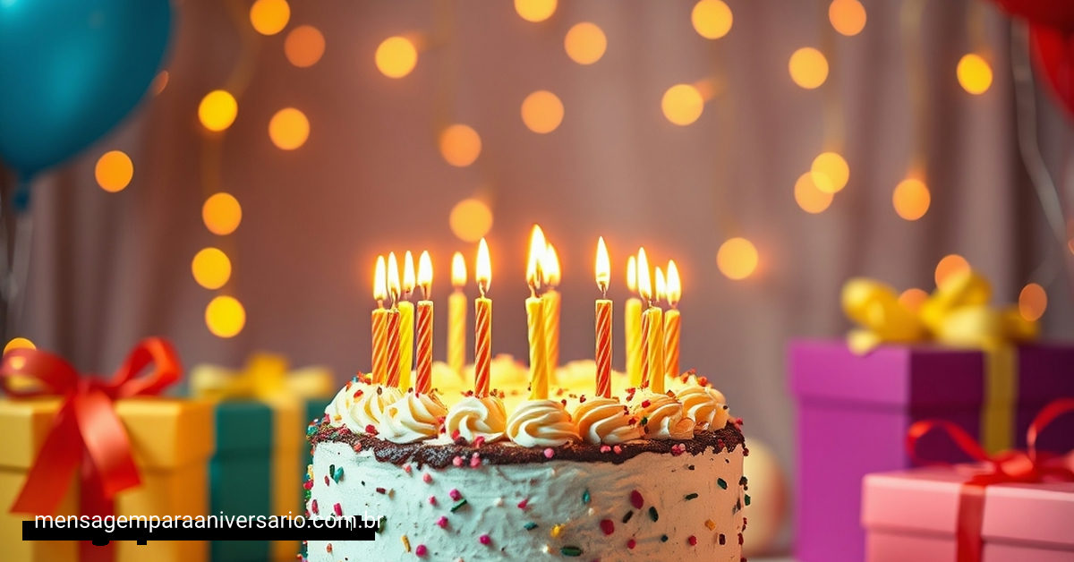 Uma cena festiva de aniversário com bolo, velas, balões coloridos, confetes e luzes bokeh.
