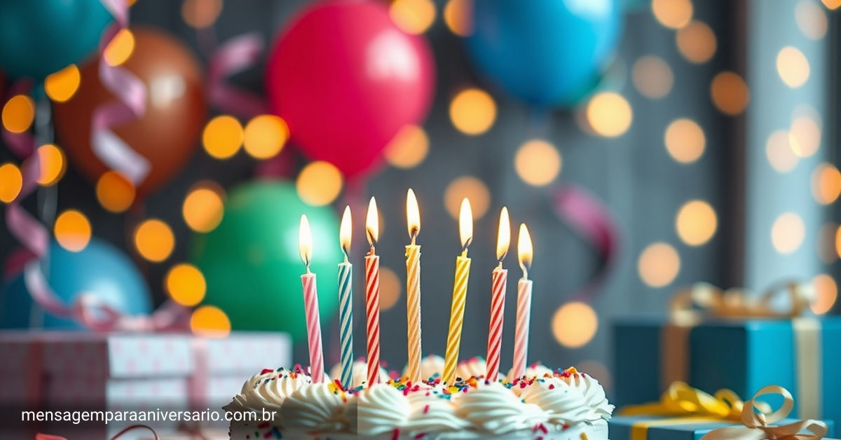 Cena festiva de aniversário com um bolo, velas, balões, confetes e presentes.