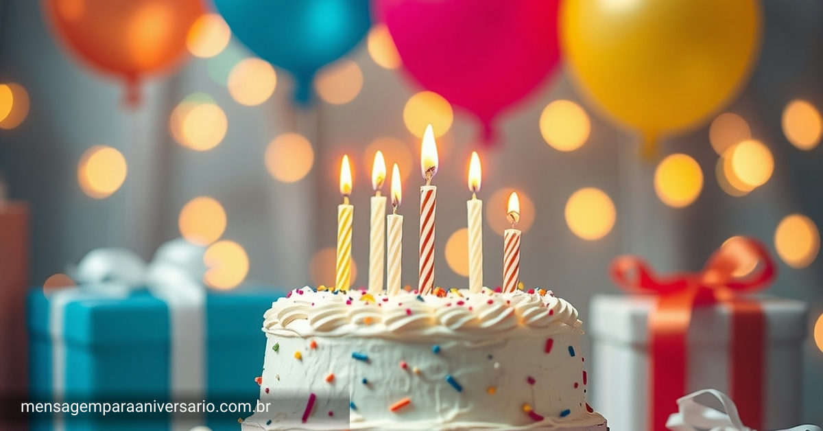 Cena festiva de aniversário com bolo, velas, balões, confete e luzes desfocadas.