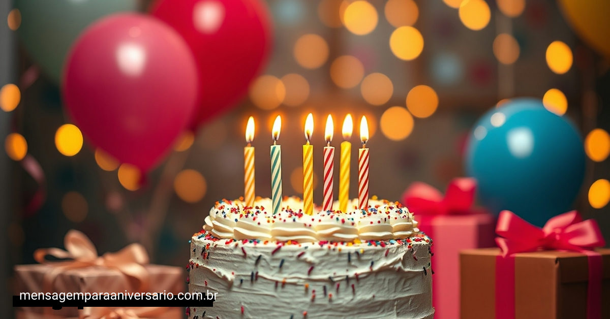 Uma cena festiva de aniversário com bolo, velas, balões coloridos e confete.