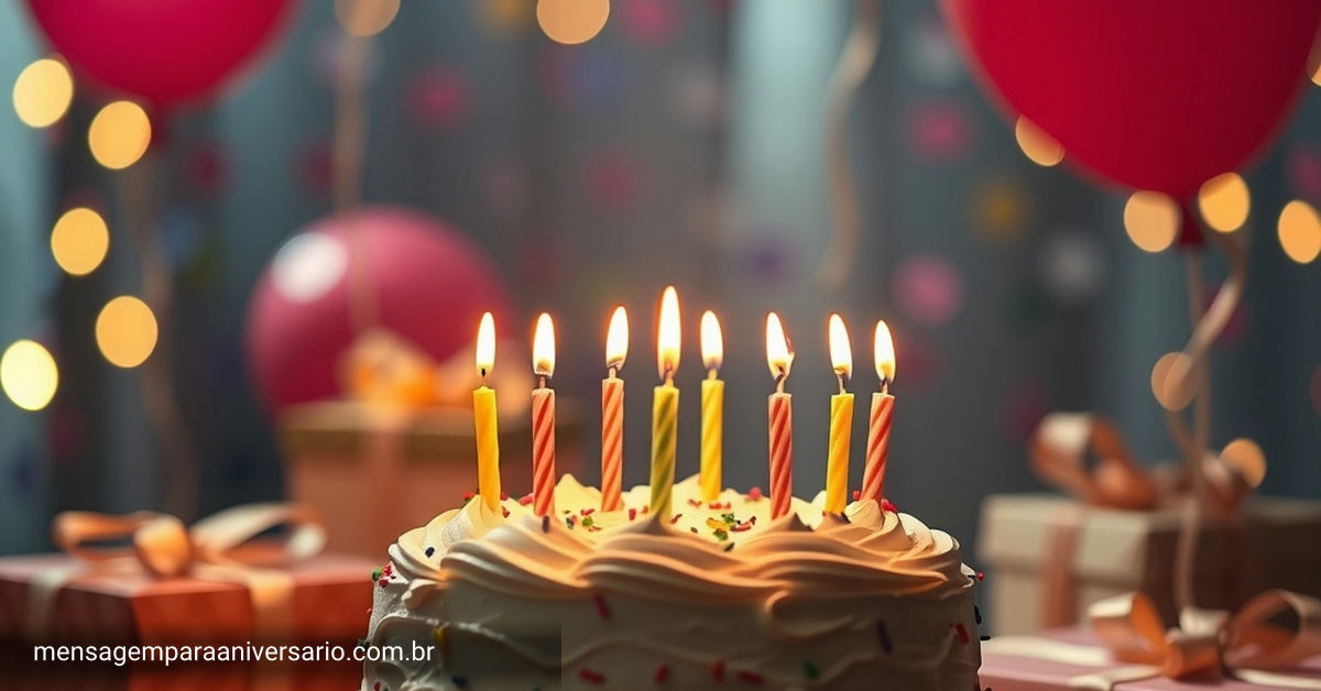 Cena festiva de aniversário com bolo, velas, balões, confete e presentes.