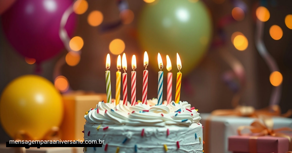 Uma cena festiva de aniversário com bolo, velas, balões coloridos, confete e presentes.