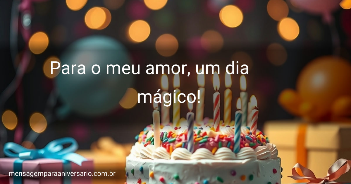 Uma cena festiva de aniversário com um bolo colorido, velas acesas, balões coloridos, confetes e luzes bokeh, sem pessoas.