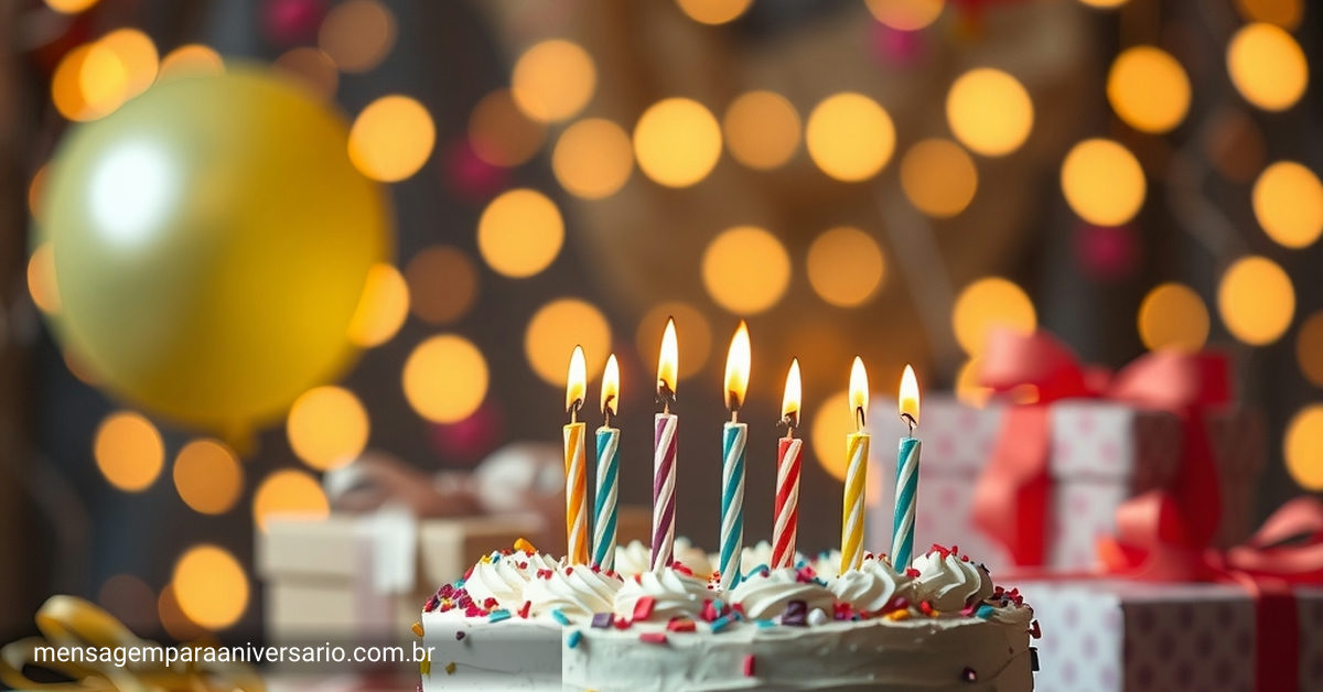 Cena festiva de aniversário com bolo, velas, balões, confete, presentes e luzes bokeh.