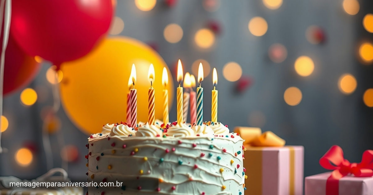 Cena festiva de aniversário com bolo, velas, balões, confete e presentes.