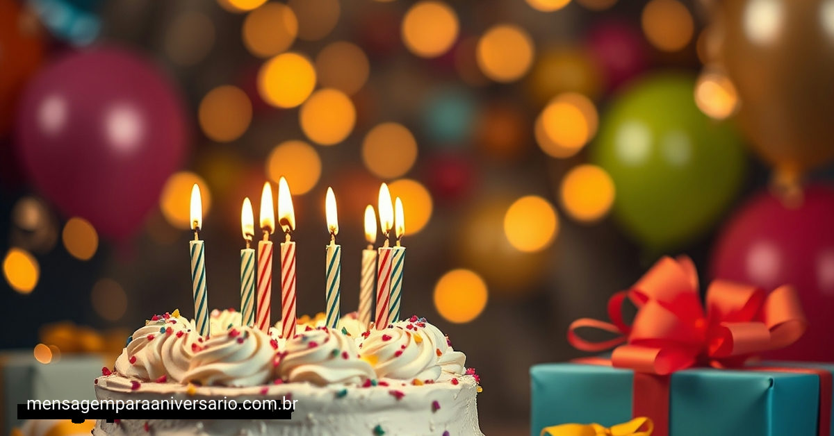 Ambiente de festa de aniversário com velas acesas, confete e uma mesa cheia de presentes.