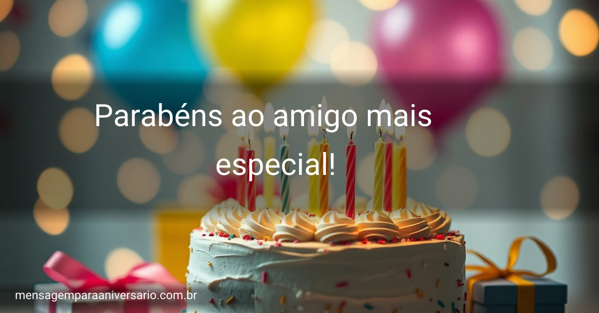 Uma decoração de festa de aniversário com bolo, velas, balões, confetes e presentes sobre uma mesa iluminada.