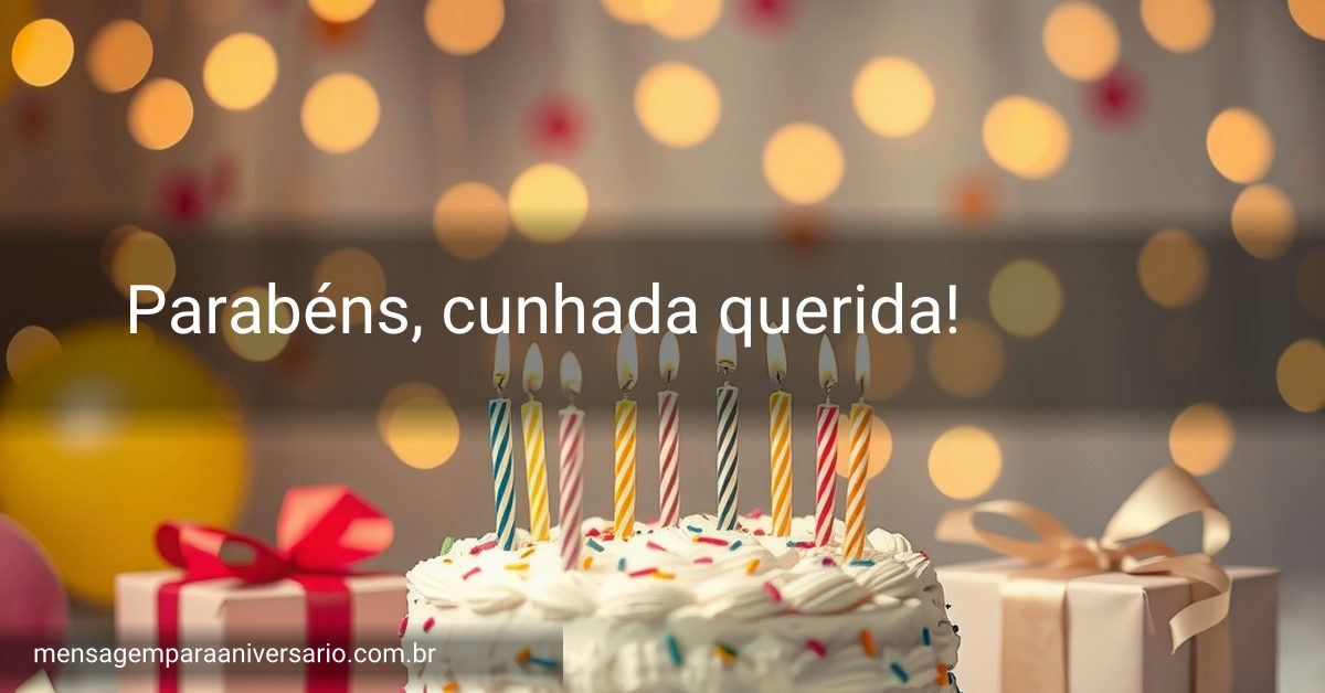 Uma mesa decorada com um bolo de aniversário, velas acesas, balões coloridos, confete e presentes embrulhados, rodeados por luzes brilhantes.