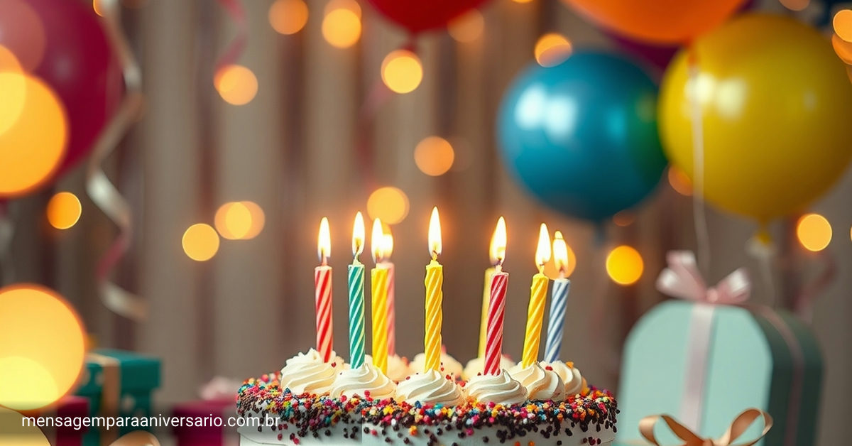 Cena festiva de aniversário com um bolo decorado, velas, balões, confete colorido e luzes bokeh.