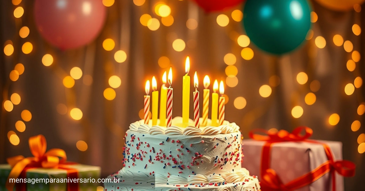 Um lindo arranjo de aniversário com um bolo grande, balões e luzes cintilantes.