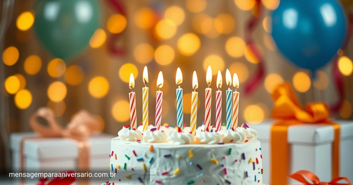 Cena festiva de aniversário com bolo, velas, balões, confete e presentes.