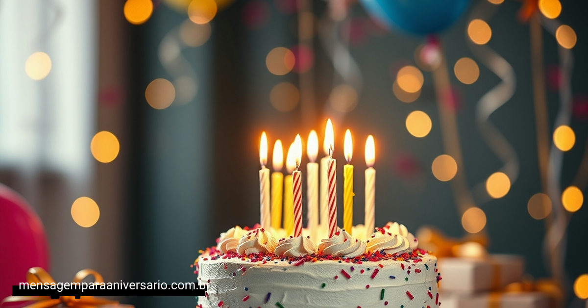 Cena festiva de aniversário com bolo, velas, balões, confete e luzes desfocadas.