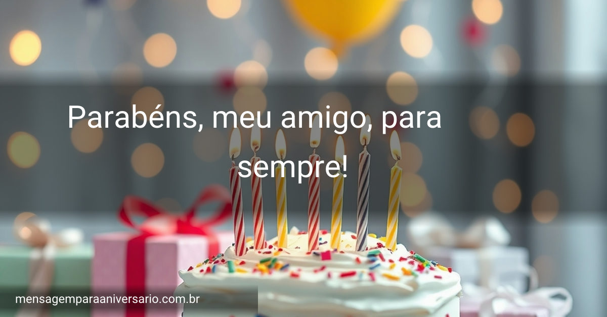 Cena festiva de aniversário com bolo, velas, balões, confete e presentes.