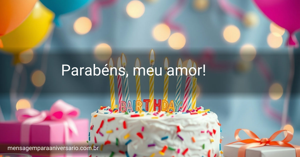 Uma cena festiva de aniversário com um bolo colorido, velas acesas, balões, confete e luzes difusas.